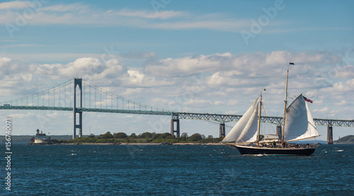 Sailing Ship, Newport Bridge, and Rose Island Lighthouse