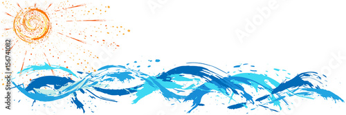 Sea and ocean waves, sun,  paint blot, splashes, drops