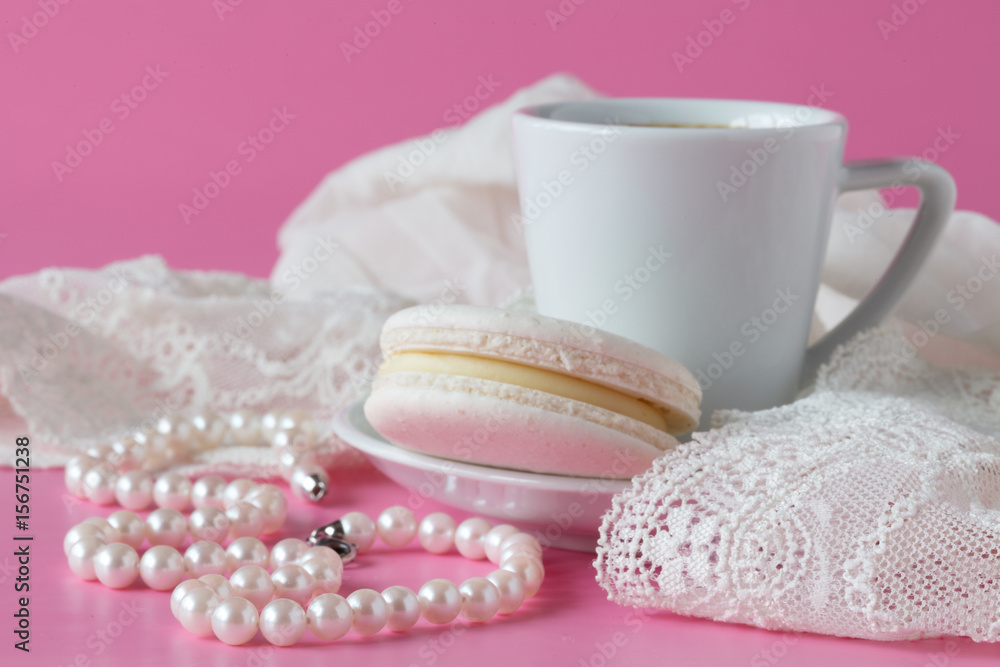 Beauty cup of coffee and macaroon, bride's morning, cozy morning. Selective focus Beauty cup of coffee and macaroon, bride's morning, cozy morning. Selective focus