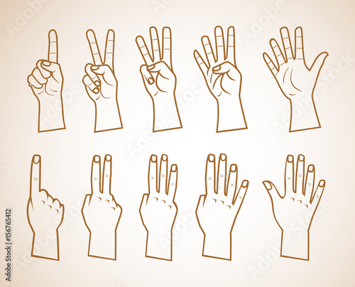 Set of numbers on the hands illustration . just outlines