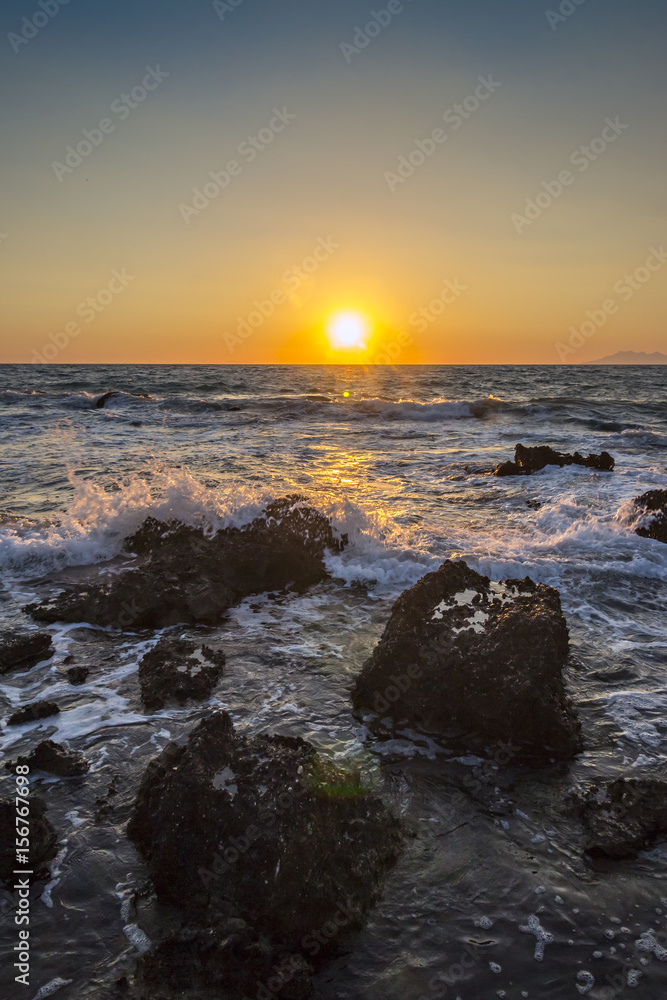 Coastline in sunset time at the Ionian sea, Greece