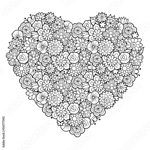 Big decorative heart with floral ornament. Black and white vector illustration. Antistress coloring page for adults