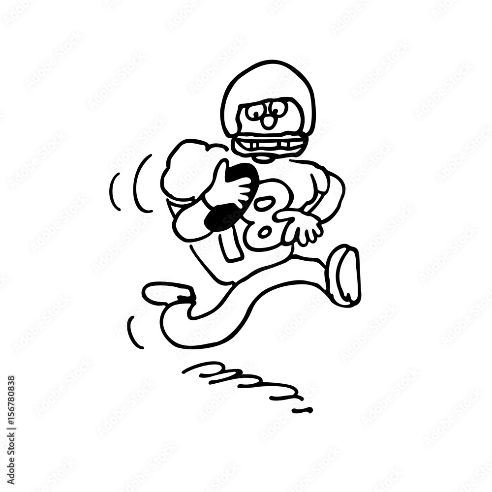 American Football Player with Ball in field, vector illustration cartoon. outlined cartoon handrawn sketch illustration vector.