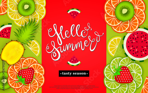 Hello summer. Tasty season. Lettering in the background of a pattern of stylized tropical fruits and berries. Vector illustration