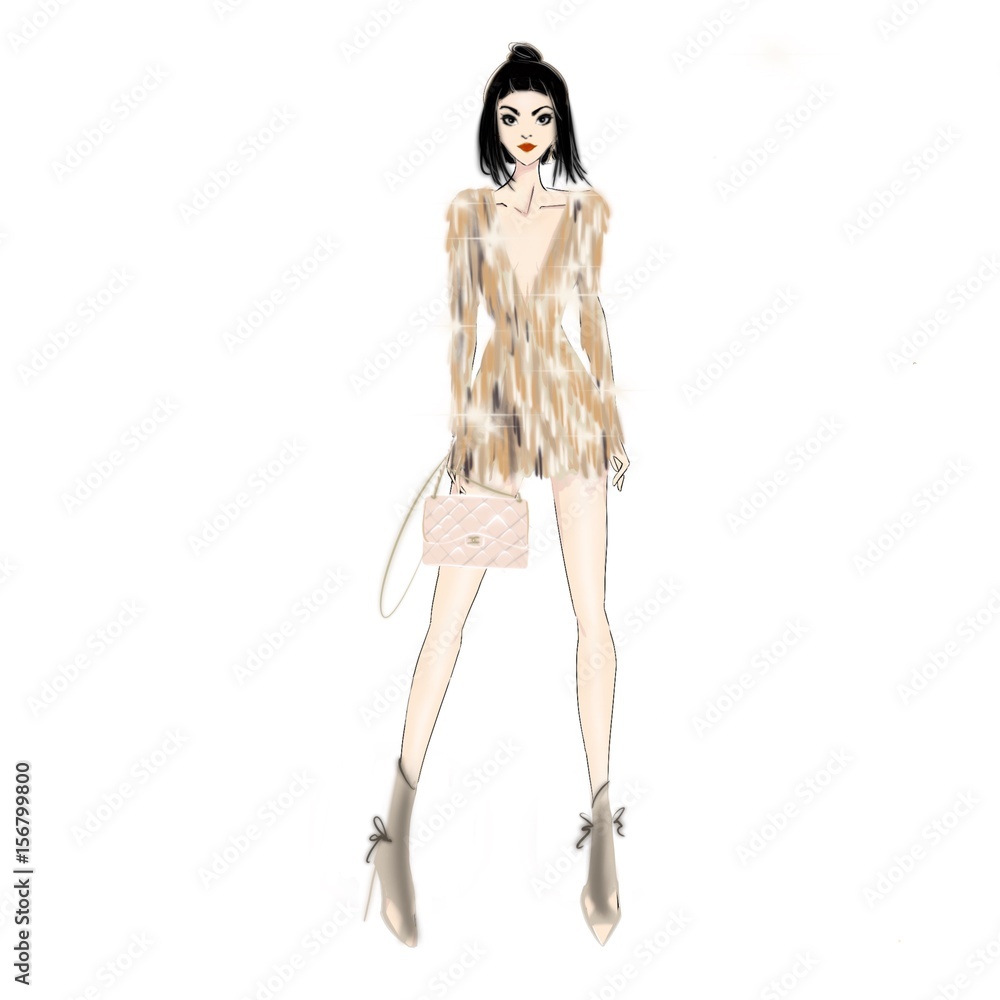 Edgy Young Lady Wearing Gold Designer Dress, Hand Bag, and Top Knot Hair Style with Bangs Edgy Young Lady Wearing Gold Designer Dress, Hand Bag, and Top Knot Hair Style with Bangs