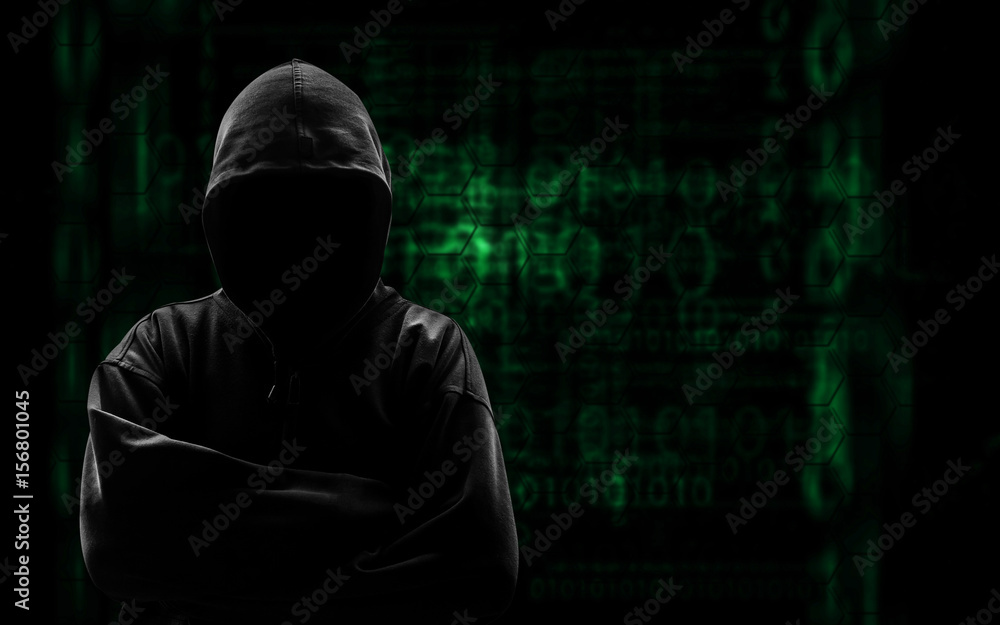 Silhouette of a hacker uses a command on graphic user interface Silhouette of a hacker uses a command on graphic user interface