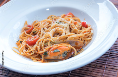 spaghetti sea food on white plate