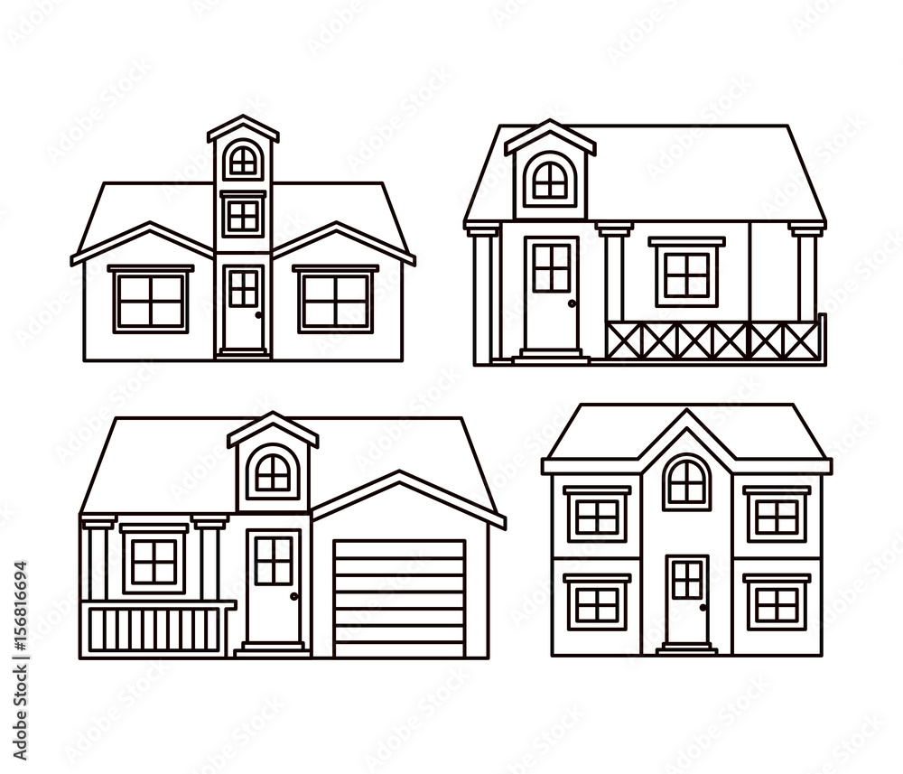 monochrome background with group of houses facades vector illustration