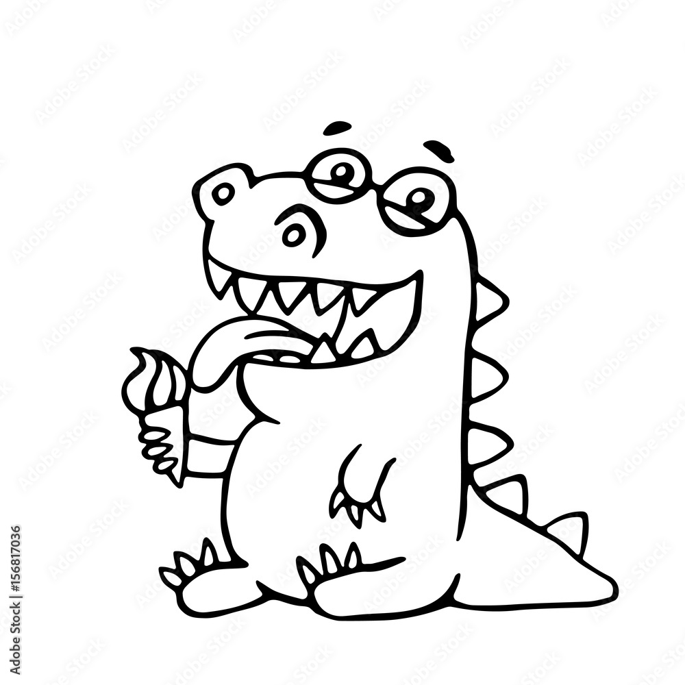 Cute dragon licks plombir. Vector illustration. Cute dragon licks plombir. Vector illustration.
