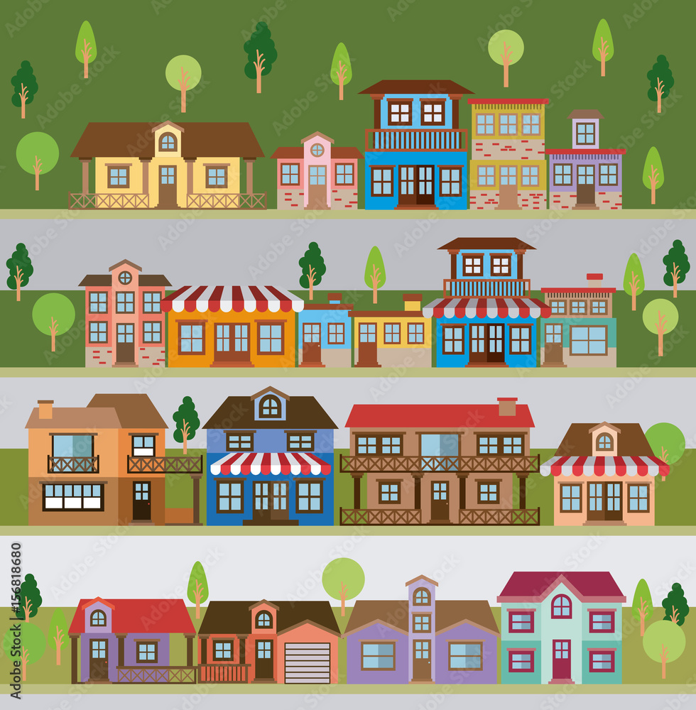 colorful natural landscape with set of scenes in strips of country village vector illustration