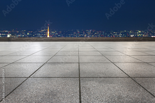 Photography empty floor with cityscape of tokyo at night