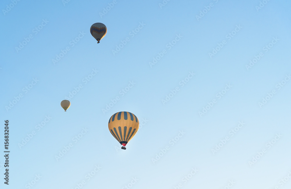 Naklejka premium Hot air balloons flying over valley. Cappadocia. Turkey