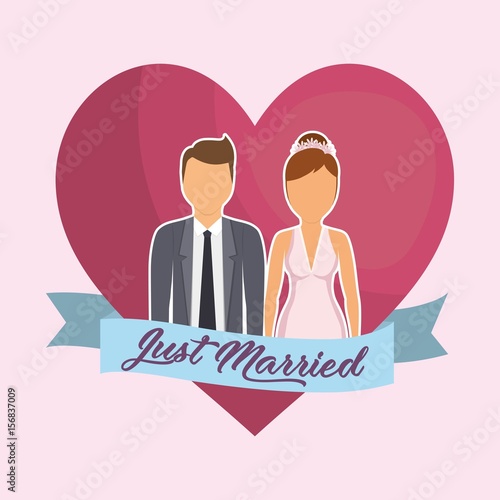 heart with just married couple icon and decorative ribbon over background. colorful design. vector illustration