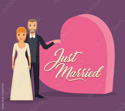 just married couple and heart icon over purple background. colorful design. vector illustration