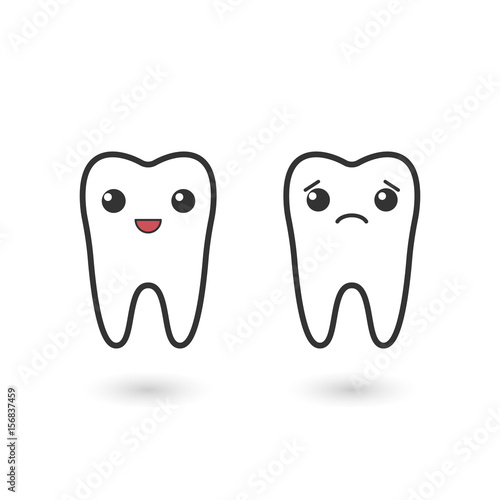 two vector tooth emoton isolated on white background. Character template. Element for your design. Sad and glad