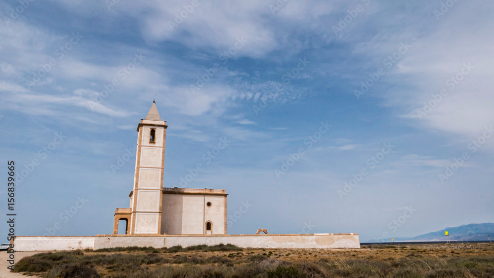San Miguel Beach and Salinas church, take in Cabo de gata, Almeria, Andalusia, Spain