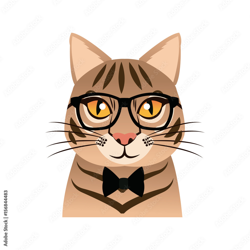 Obraz premium Hand drawn portrait of Cat with glasses and bow tie. Vector isolated elements.