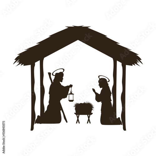 christmas christian scene with baby Jesus in the manger in silhouette vector illustration