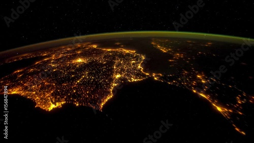 Spain at Night. From Atlantic Ocean, Western Sahara, to northeastern Spain, near the Pyrenees. Visible: Canary Islands, Strait of Gibraltar, Iberian Peninsula, Madrid, France and Balearic Islands. 
