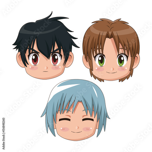 set front view face cute anime tennagers several facial expression vector illustration