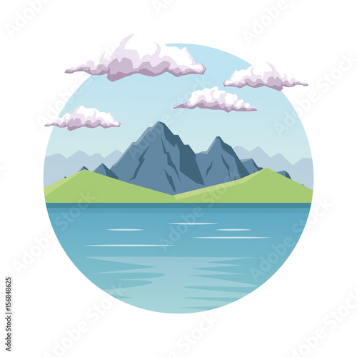 white background with daytime landscape in round frame with mountain valley and lake vector illustration
