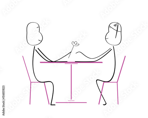 Romantic Cute Couple Stick Doodle Illustration Draw By A 5 Years Old Children - Romantic Dinner With Flower