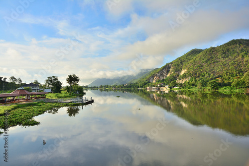 Tropical of river mountain forest natural landscape with blue sky background in Thailand.