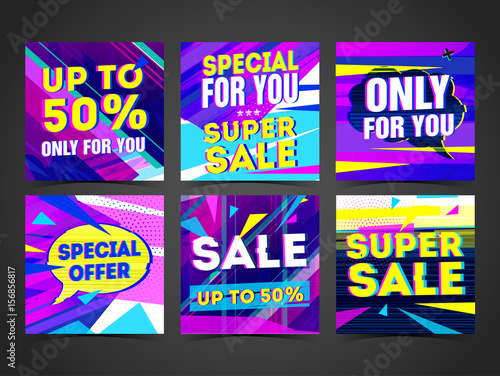Set Cyber design template banner, card, postcard for super sale. Bright colorful geometric abstract poster for advertising. Symbol with glitch decoration for best offer. Sale label for ads. Vector. 