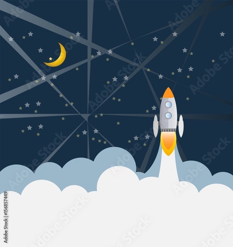 Rocket ship flying to the moon in dark sky.