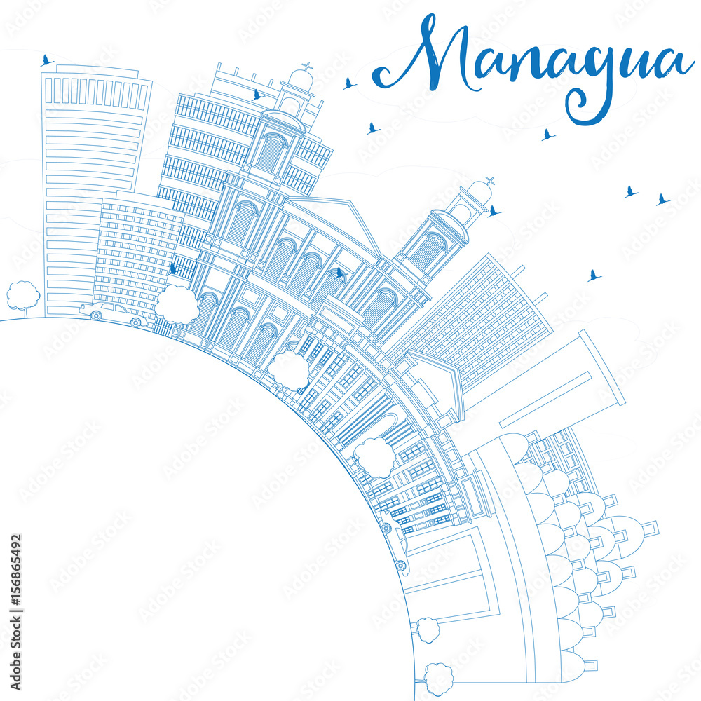 Outline Managua Skyline with Blue Buildings and Copy Space.