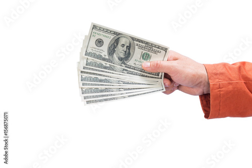 handful of money on hand isolated on white background