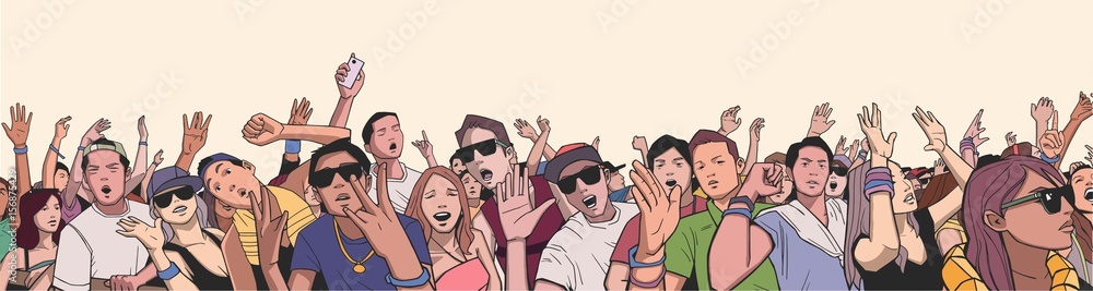 Illustration of festival crowd partying at concert in panorama view - obrazy, fototapety, plakaty 