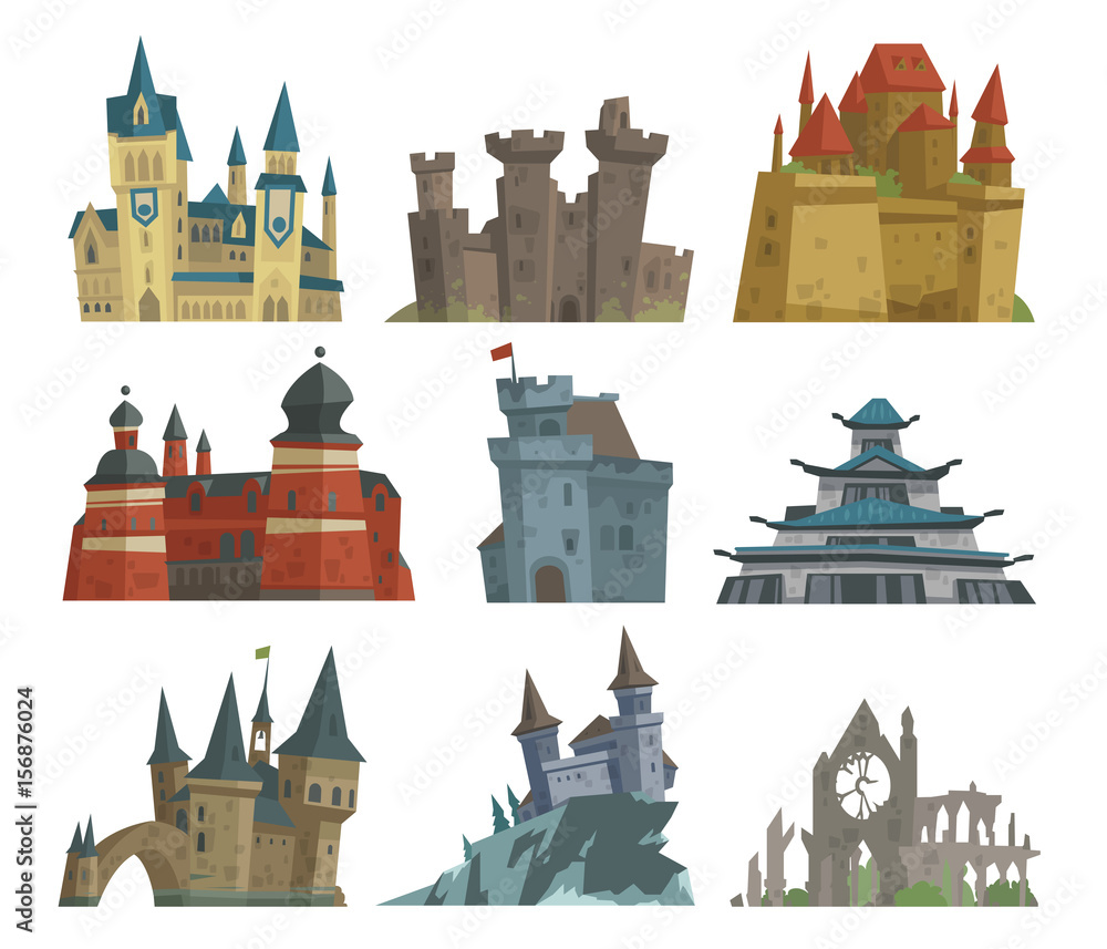 Cartoon fairy tale castle key-stone palace tower icon scarry knight ...