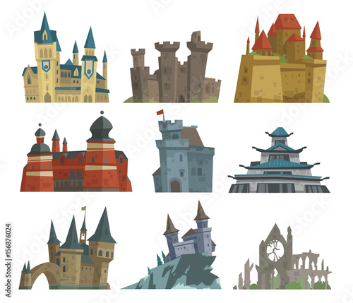 Cartoon fairy tale castle key-stone palace tower icon scarry knight medieval architecture building vector illustration.