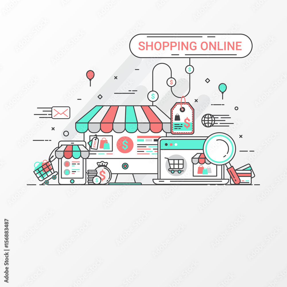 Shopping online concept. This set contains icon elements, shopping website, online store, shop, credit card, search, price tag, tablet, laptop, and store app. Flat line style create by vector.