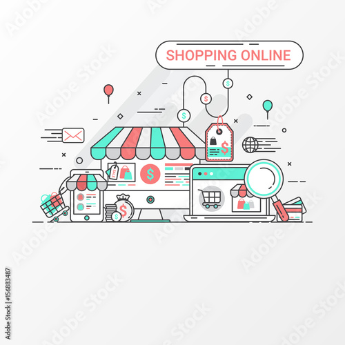 Shopping online concept. This set contains icon elements, shopping website, online store, shop, credit card, search, price tag, tablet, laptop, and store app. Flat line style create by vector.