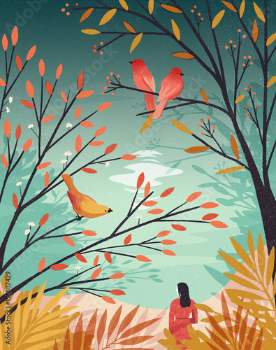 Woman beneath trees with birds (ID: 156887429)