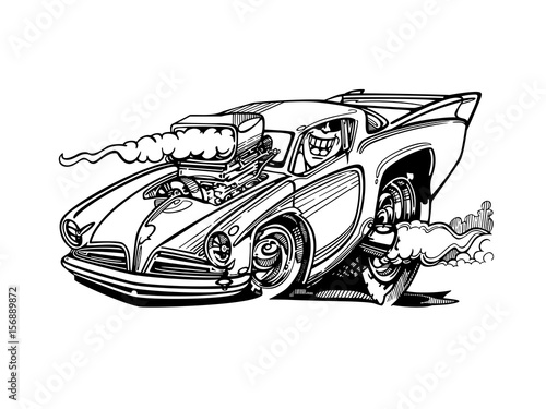 Vector - retro, hot-rod with big motor , isolated on background