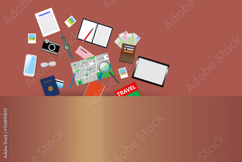 Travel accessories are falling into the abstract pocket of the bag. The place for your text is at the bottom of the vector.