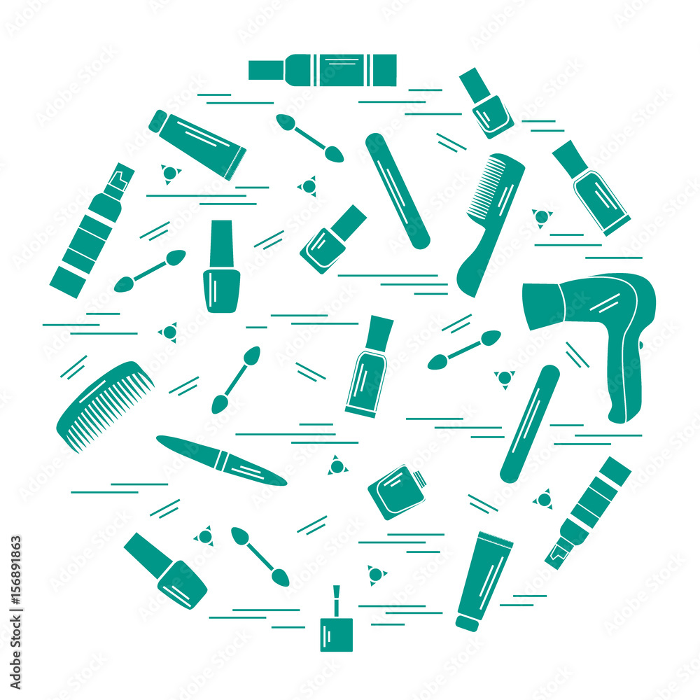 Vector illustration various accessories for the care of your body arranged in a circle: hairdryer, comb, cream, nail polish and other.