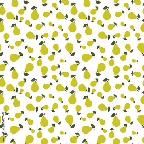 Fototapeta Naklejka Na Ścianę i Meble -  Pear fruits seamless pattern. Full and sliced fresh pears. Orange, green, yellow on beige background.