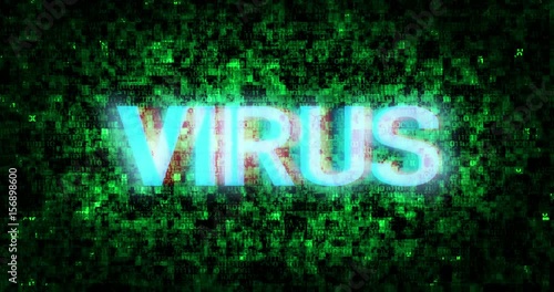 Virus with Glitch and Error anaglyph effect on digital hi-tech computer background with binary source code