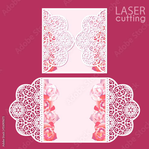 Laser cut wedding invitation card template vector. Die cut paper card with lace pattern and painted roses. Cutout paper gate fold card. Suitable for greeting cards, invitations, menus.