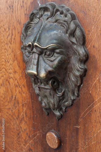 détail porte ancienne en bois avec un lion en bronze