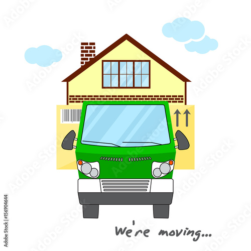 Transportation and home removal. Stylized house in box for moving on truck. We're moving. Stock vector. Flat design.