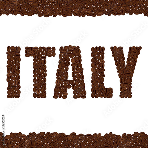 ITALY. Word created from coffee beans isolated on a white background. Upper and lower bounds of coffee beans