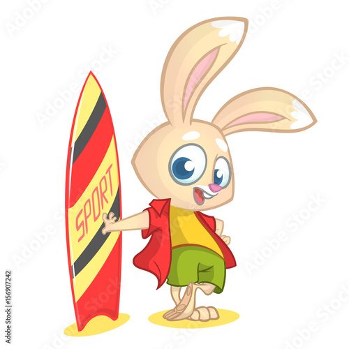 Cartoon rabbit surfer. Vector illustration of white bunny standing with his surfboard isolated on white