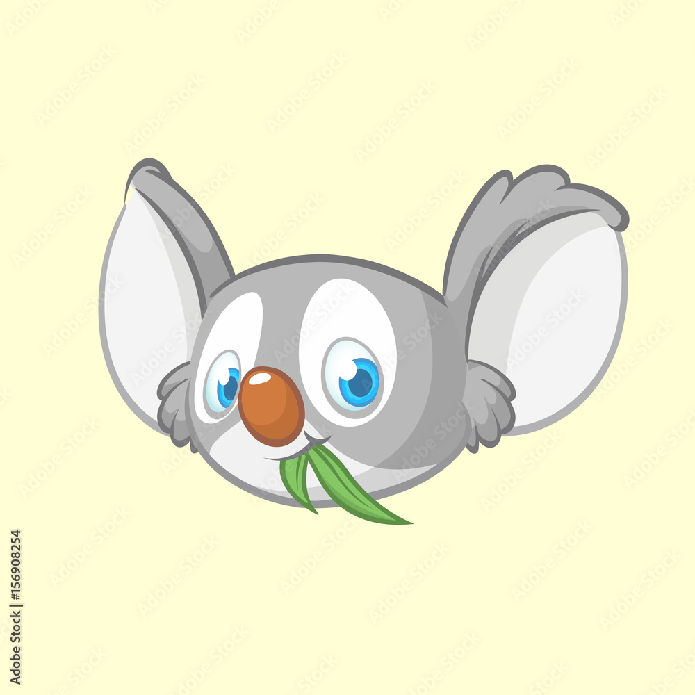 Obraz premium Cartoon koala head icon. Vector illustration of cute koala face with leaf of eucalyptus tree