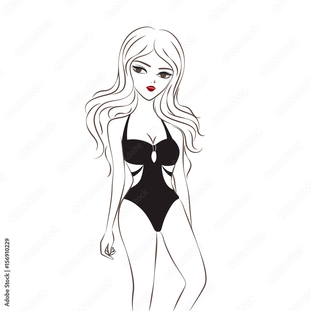 Women’s one piece swimsuits. Black swimsuits. Cartoon hand drawing doodle style. For graphic design, info graphics, summer, Fashion flyer. Vector illustration. Isolated on white background Women’s one piece swimsuits. Black swimsuits. Cartoon hand drawing doodle style. For graphic design, info graphics, summer, Fashion flyer. Vector illustration. Isolated on white background
