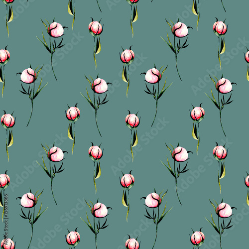 Seamless floral pattern with pink peony flowers buds  hand drawn isolated on a dark green background